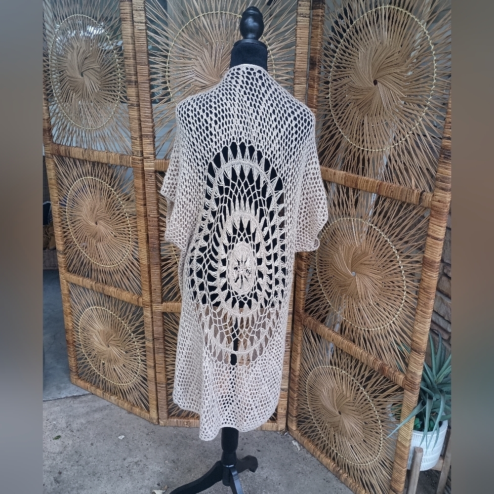 Tan Open Knit/Crochet Cardigan_M/L